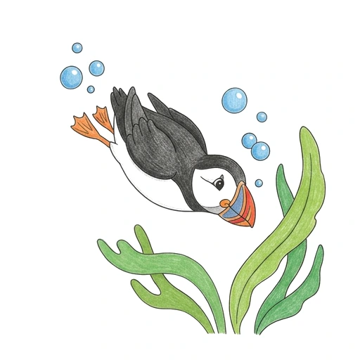 Puffin coloring page: Puffin Ocean Dive, colored example