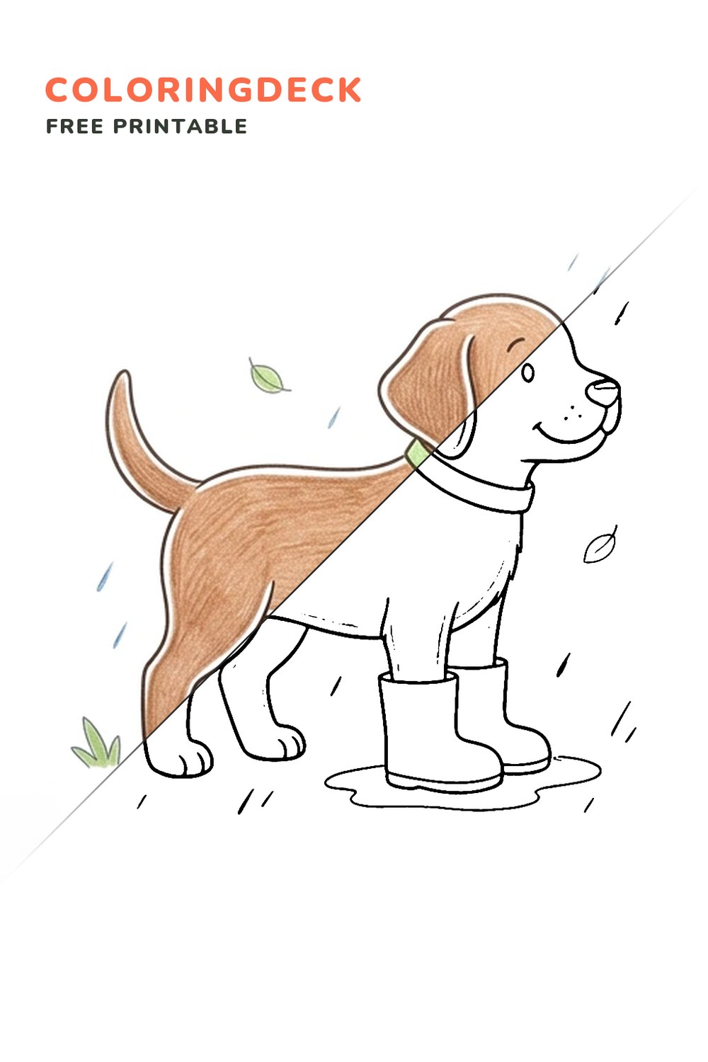 Puppy In Boots coloring page, free printable: half colored, half outline