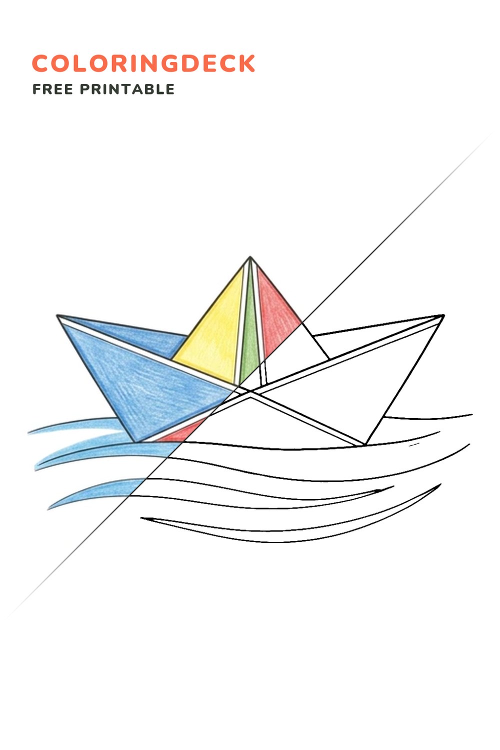 Sailing Paper Boat coloring page, free printable: half colored, half outline