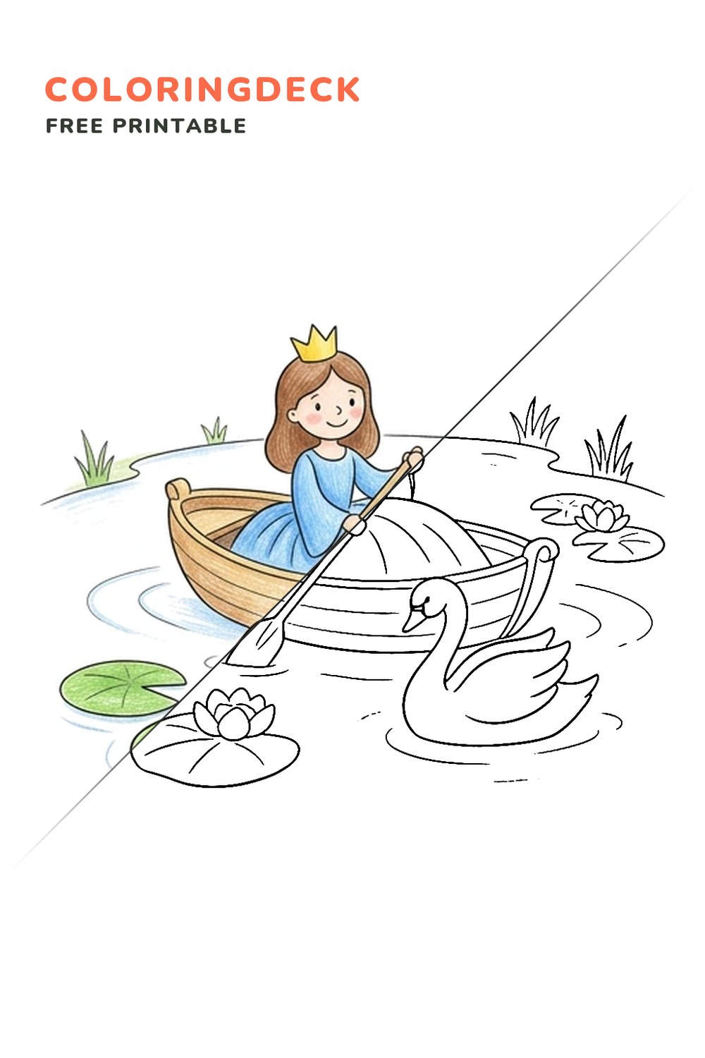 Princess Swan Boat coloring page, free printable: half colored, half outline