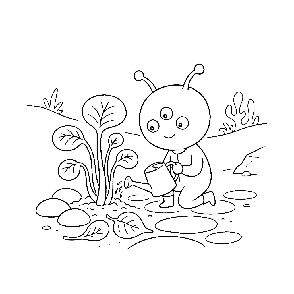 Alien Garden Tending coloring page outline