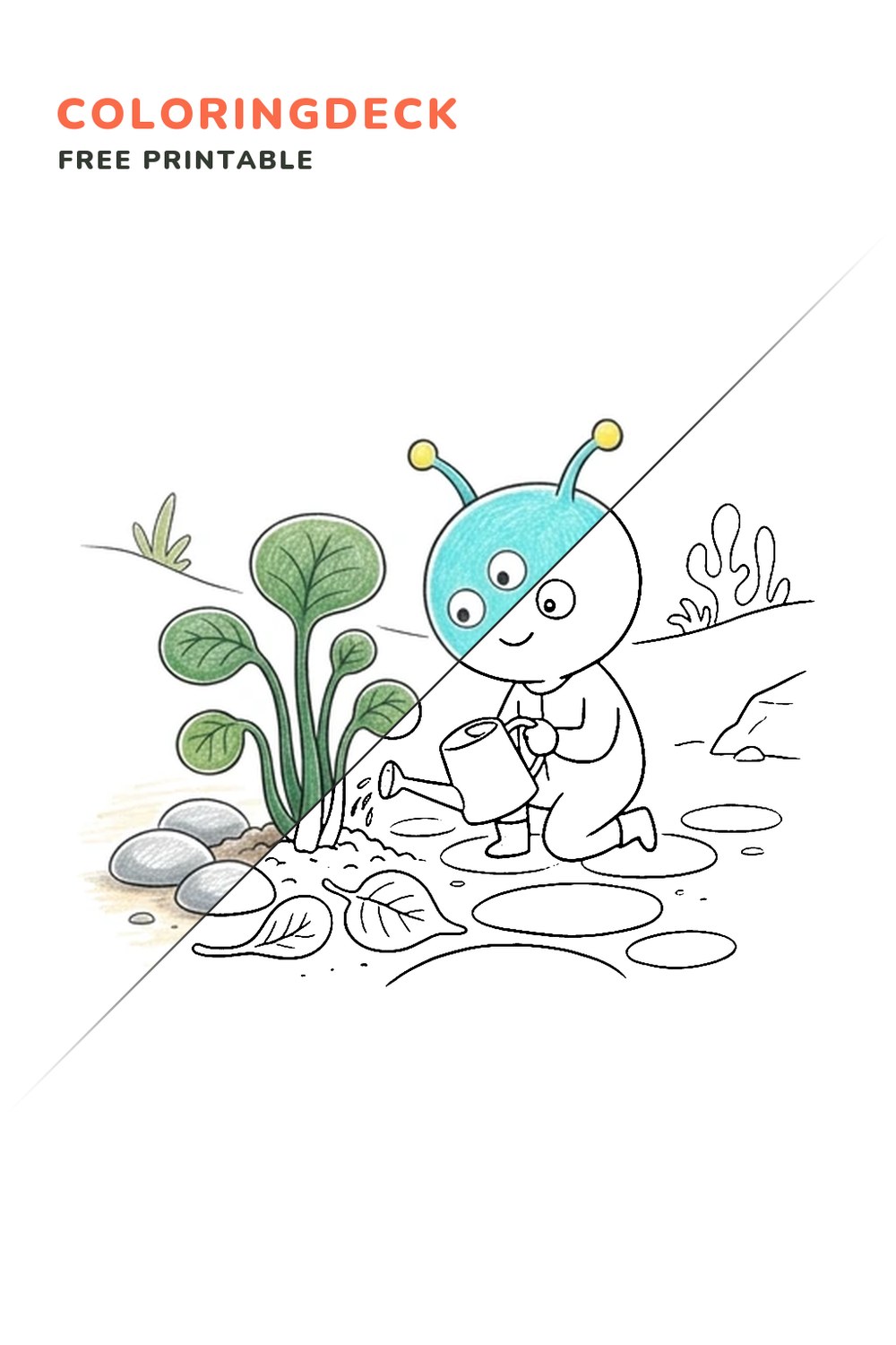 Alien Garden Tending coloring page, free printable: half colored, half outline