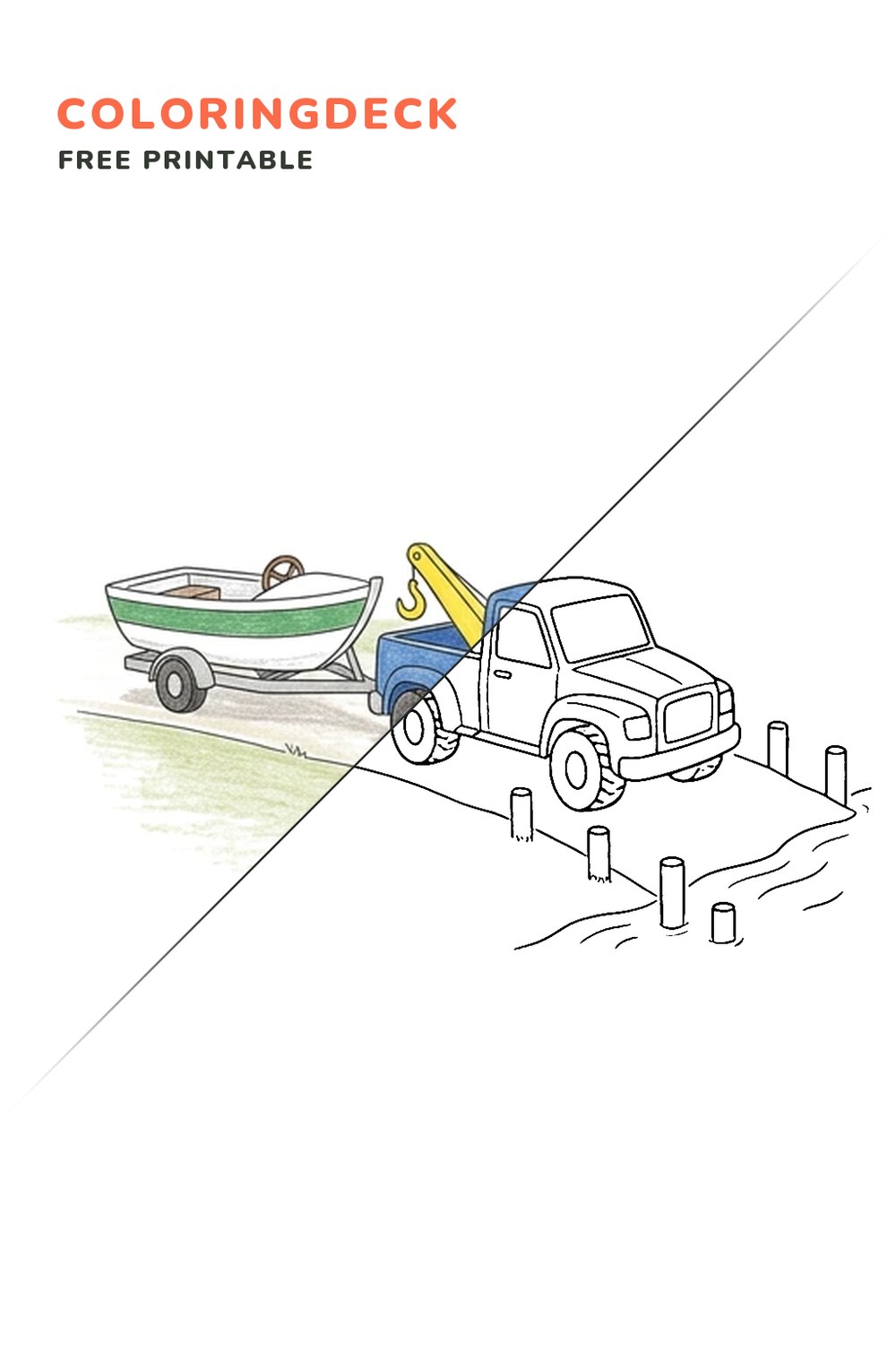 Tow Truck Boat Haul coloring page, free printable: half colored, half outline