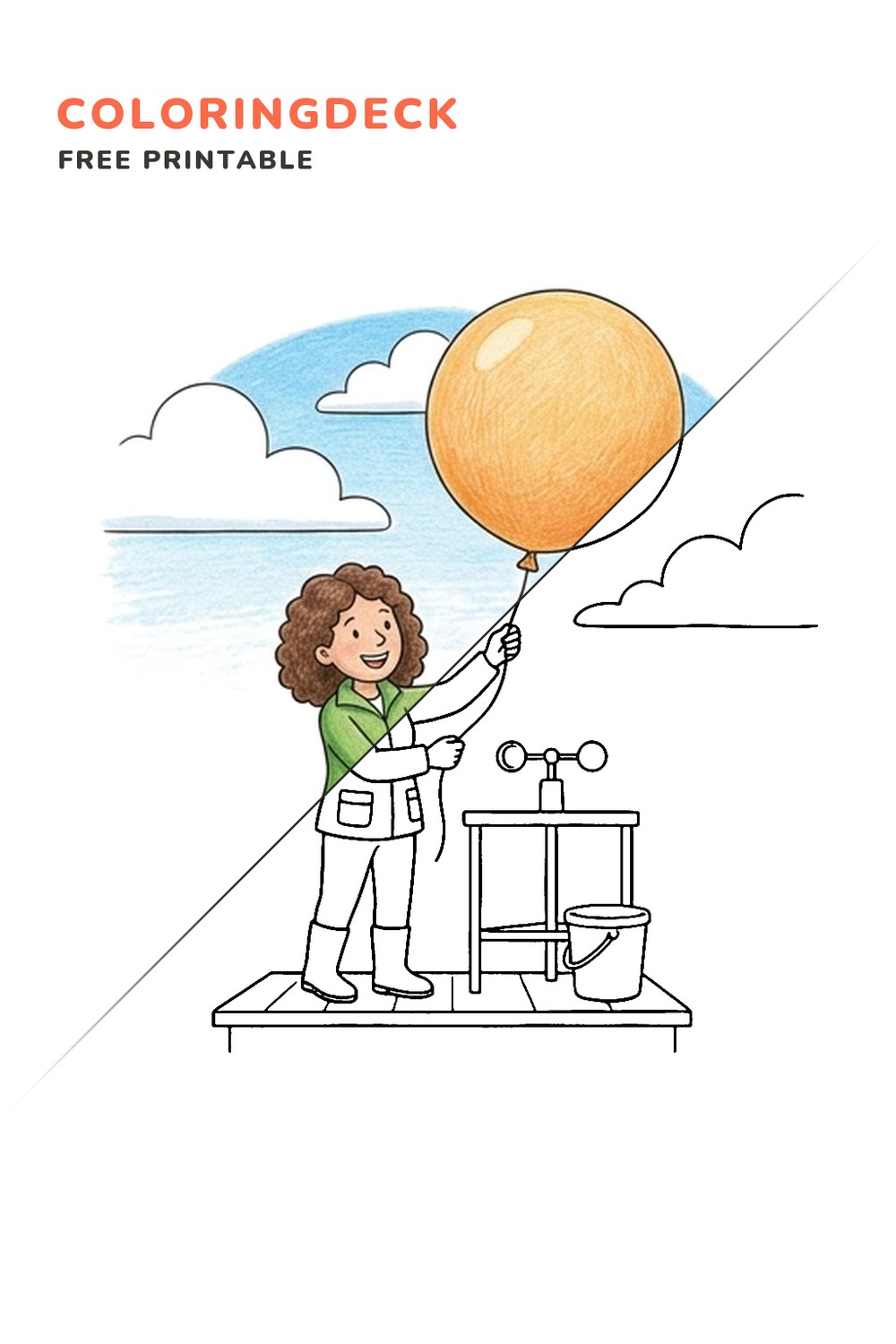 Weather Balloon Launch coloring page, free printable: half colored, half outline
