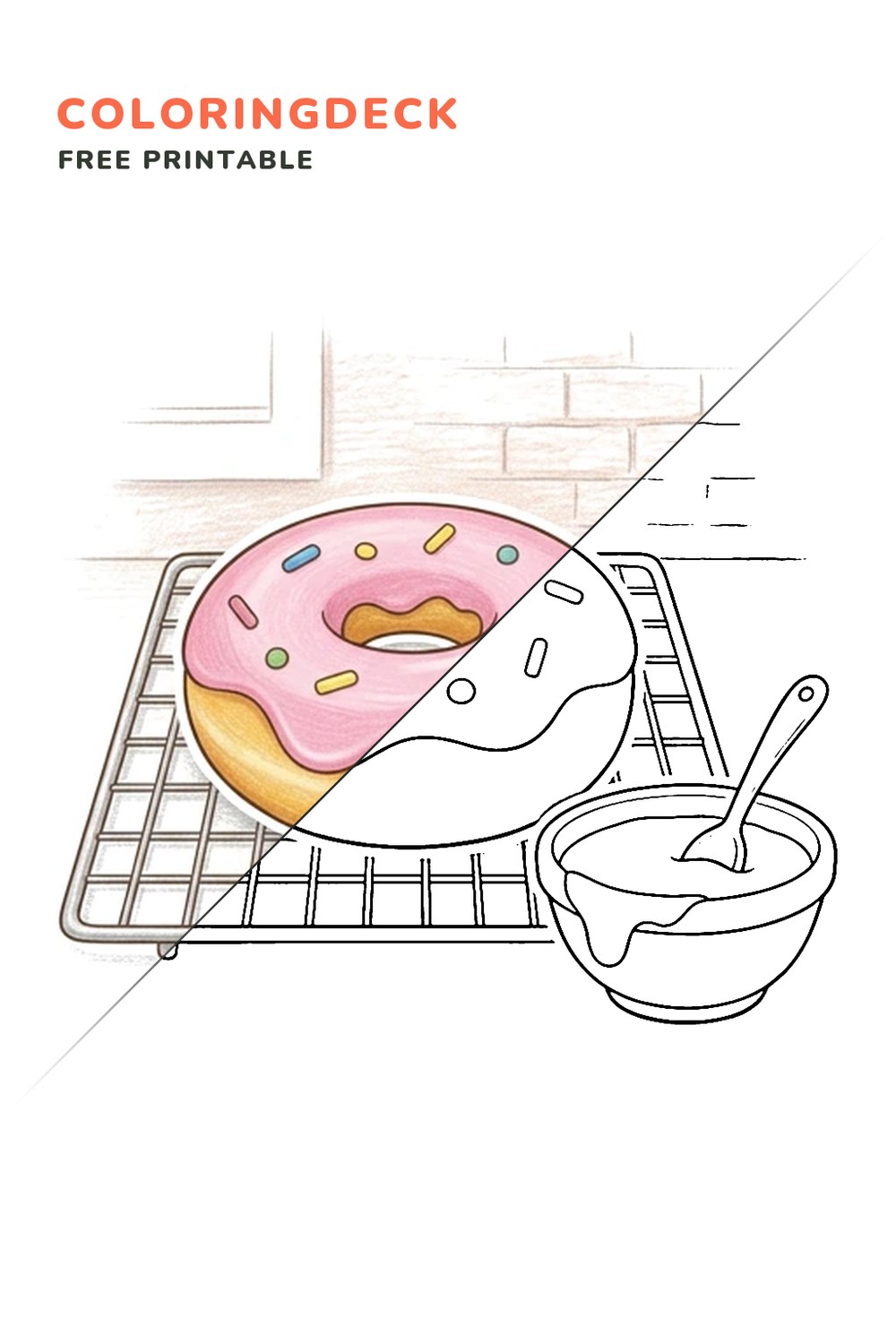 Donut Glazing Treat coloring page, free printable: half colored, half outline