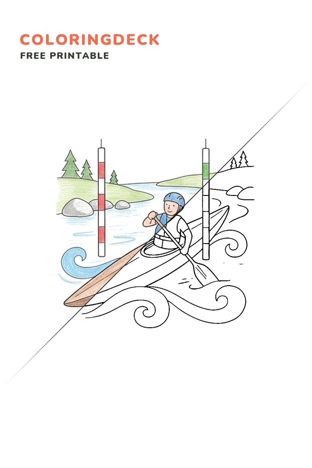 Canoe Slalom Gate coloring page, free printable: half colored, half outline