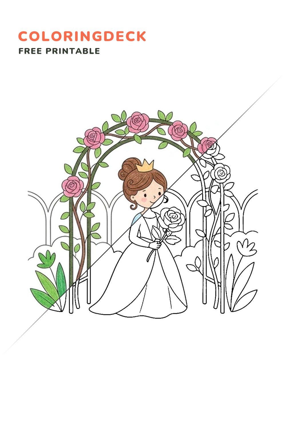 Princess Rose Bower coloring page, free printable: half colored, half outline