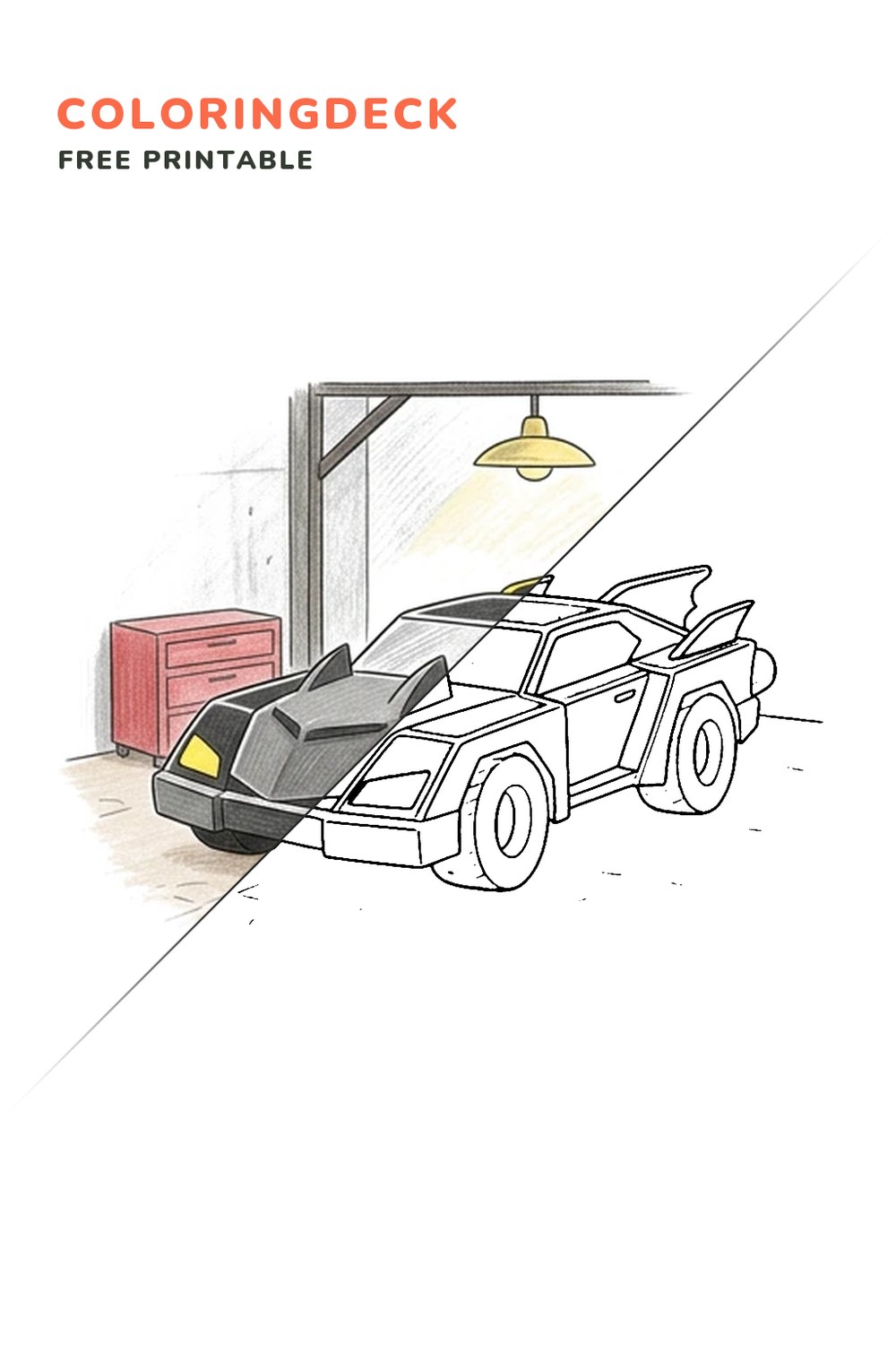 Batmobile Garage coloring page, free printable: half colored, half outline