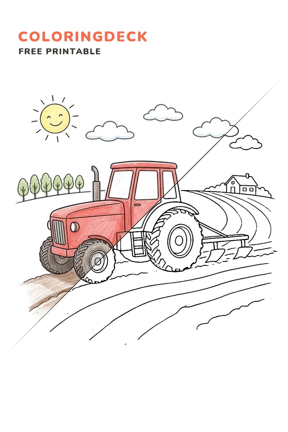 Tractor Field Plowing coloring page, free printable: half colored, half outline