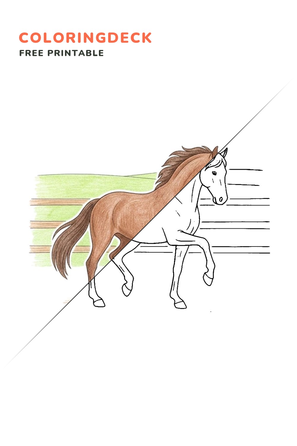 Dressage Horse Pose coloring page, free printable: half colored, half outline