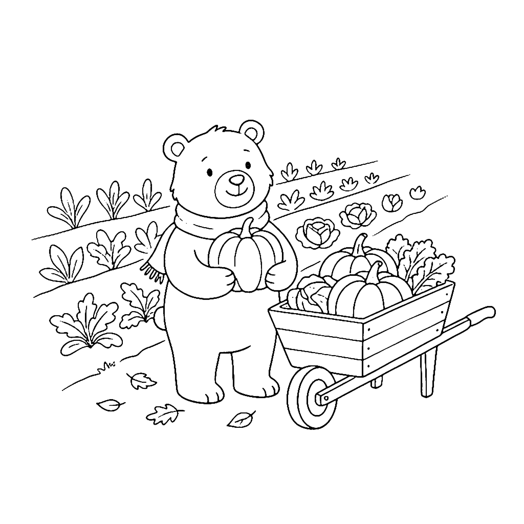 Bear Garden Wheelbarrow coloring page outline