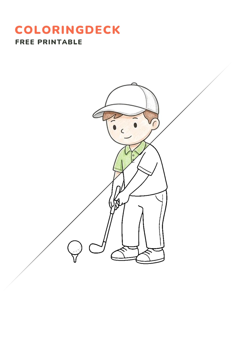 Golfer Tee Stance coloring page, free printable: half colored, half outline