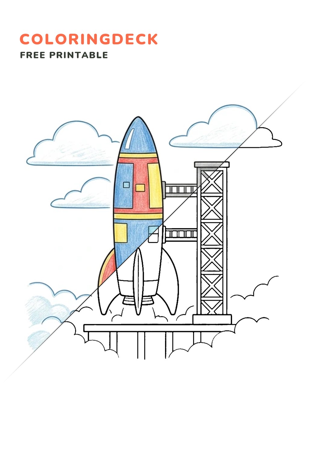 Rocket Launch Tower coloring page, free printable: half colored, half outline