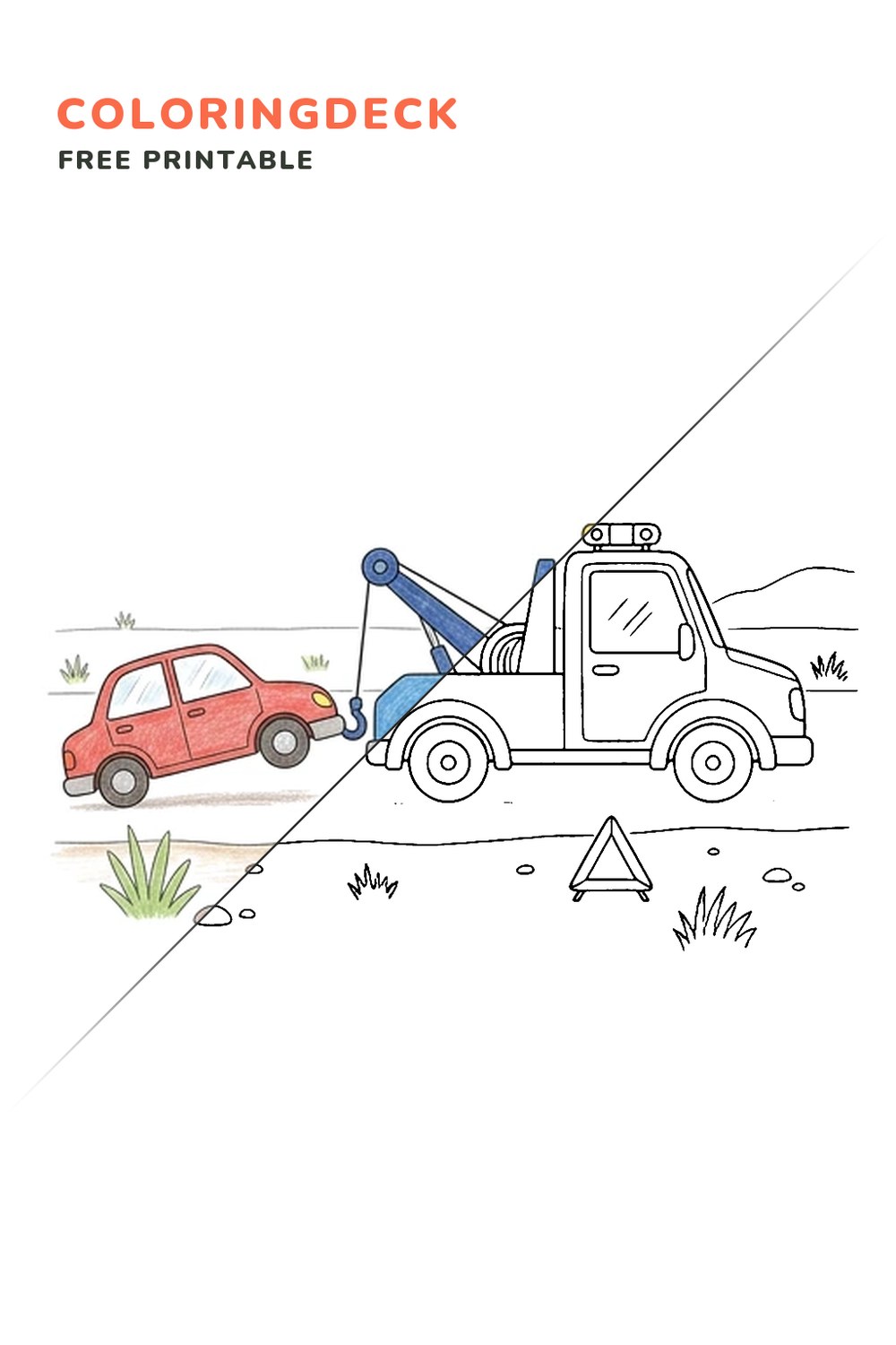 Tow Truck Flat Tire coloring page, free printable: half colored, half outline