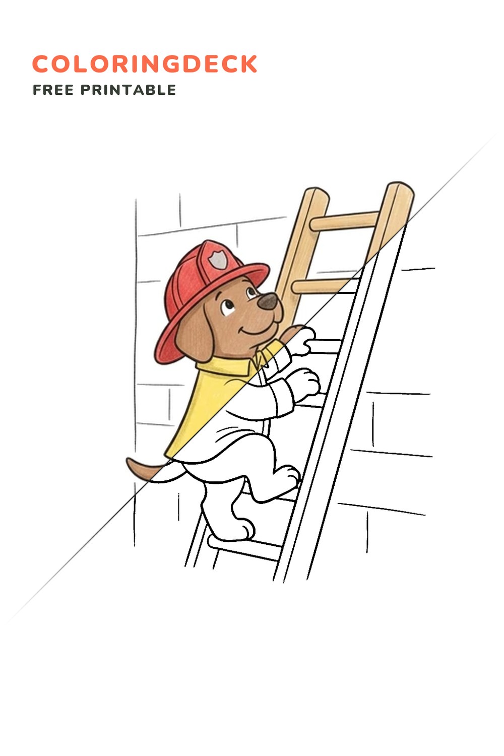 Rescue Ladder Dog coloring page, free printable: half colored, half outline