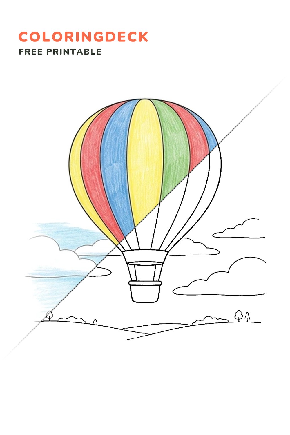 Sunny Hot Air Balloon coloring page, free printable: half colored, half outline