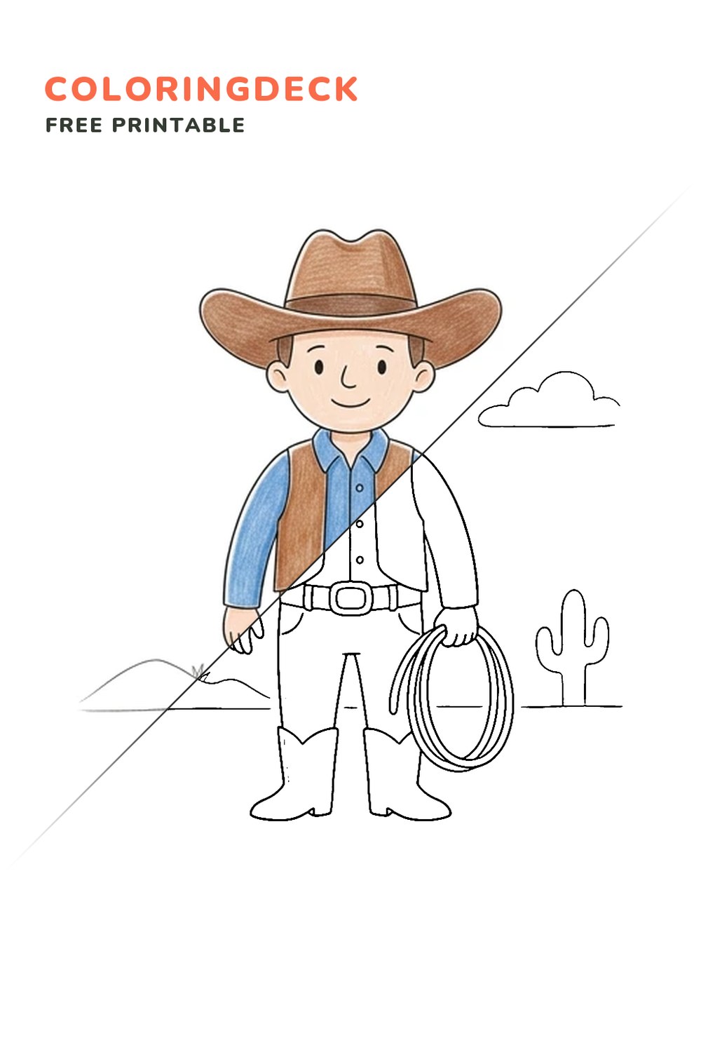 Cowboy With Lasso coloring page, free printable: half colored, half outline