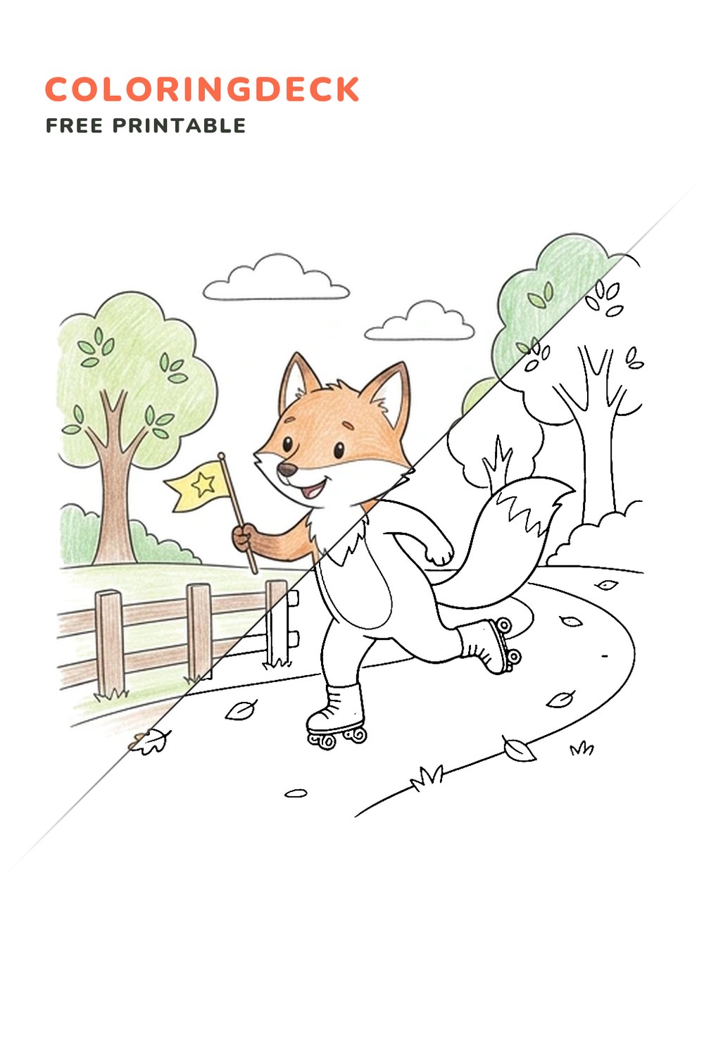Fox Roller Parade coloring page, free printable: half colored, half outline