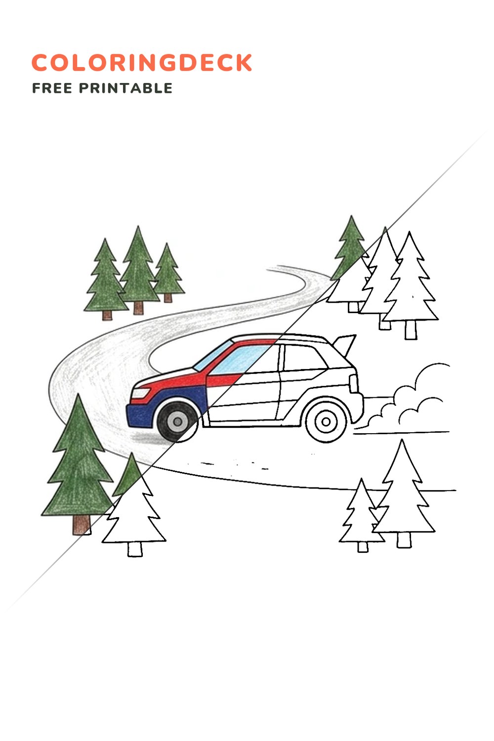 Forest Gravel Rally coloring page, free printable: half colored, half outline