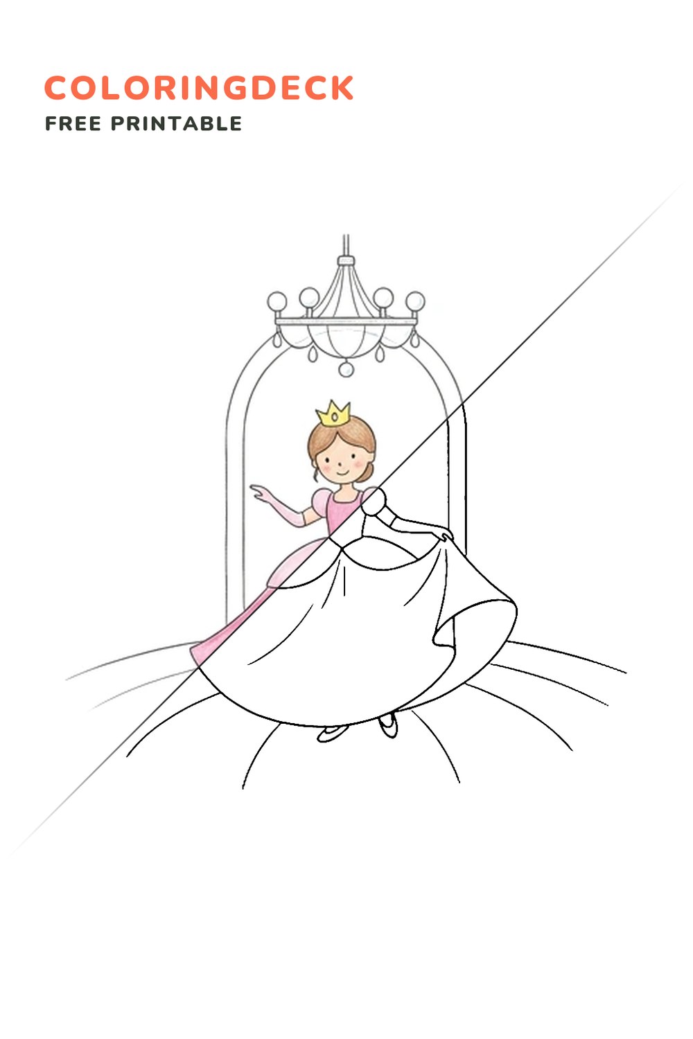 Princess Ballroom Spin coloring page, free printable: half colored, half outline
