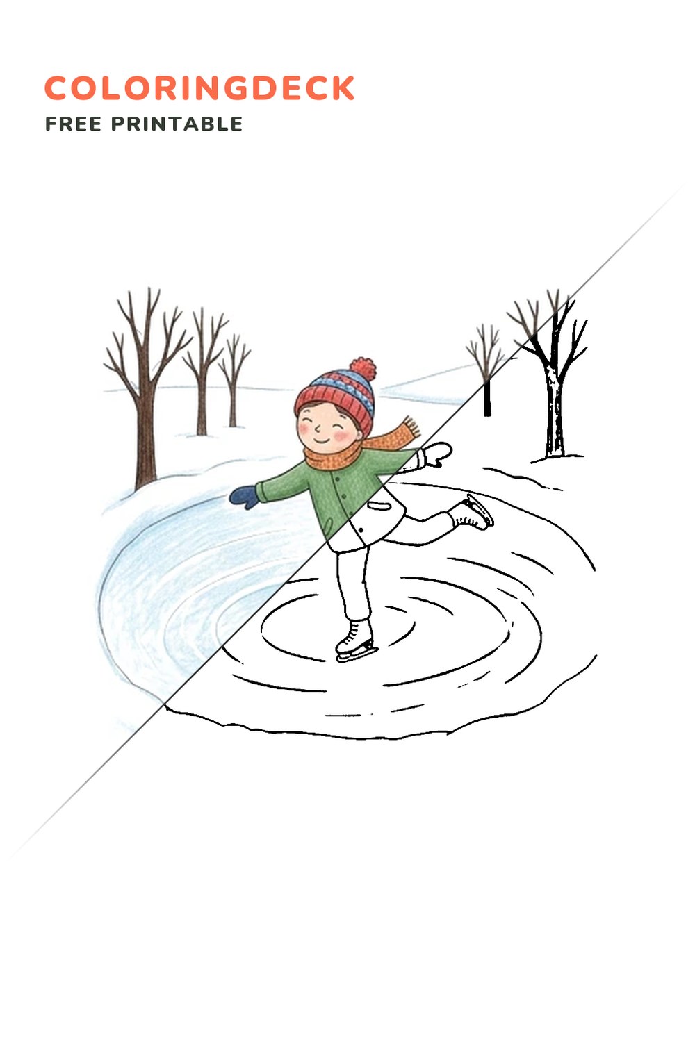 Ice Skater Spin coloring page, free printable: half colored, half outline