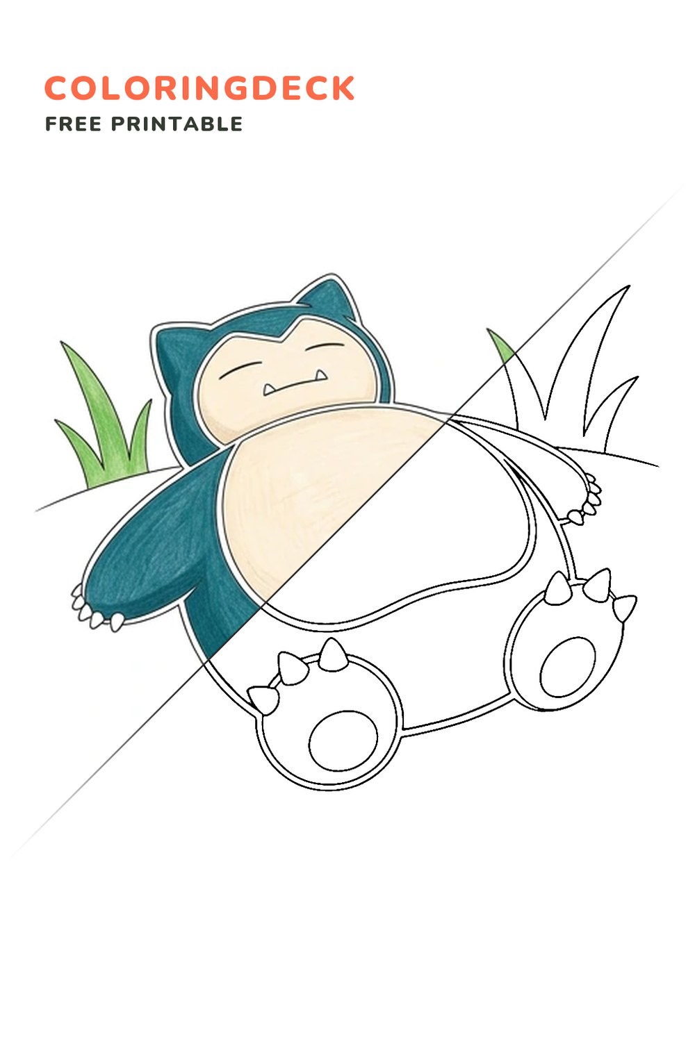 Snorlax Meadow Rest coloring page, free printable: half colored, half outline