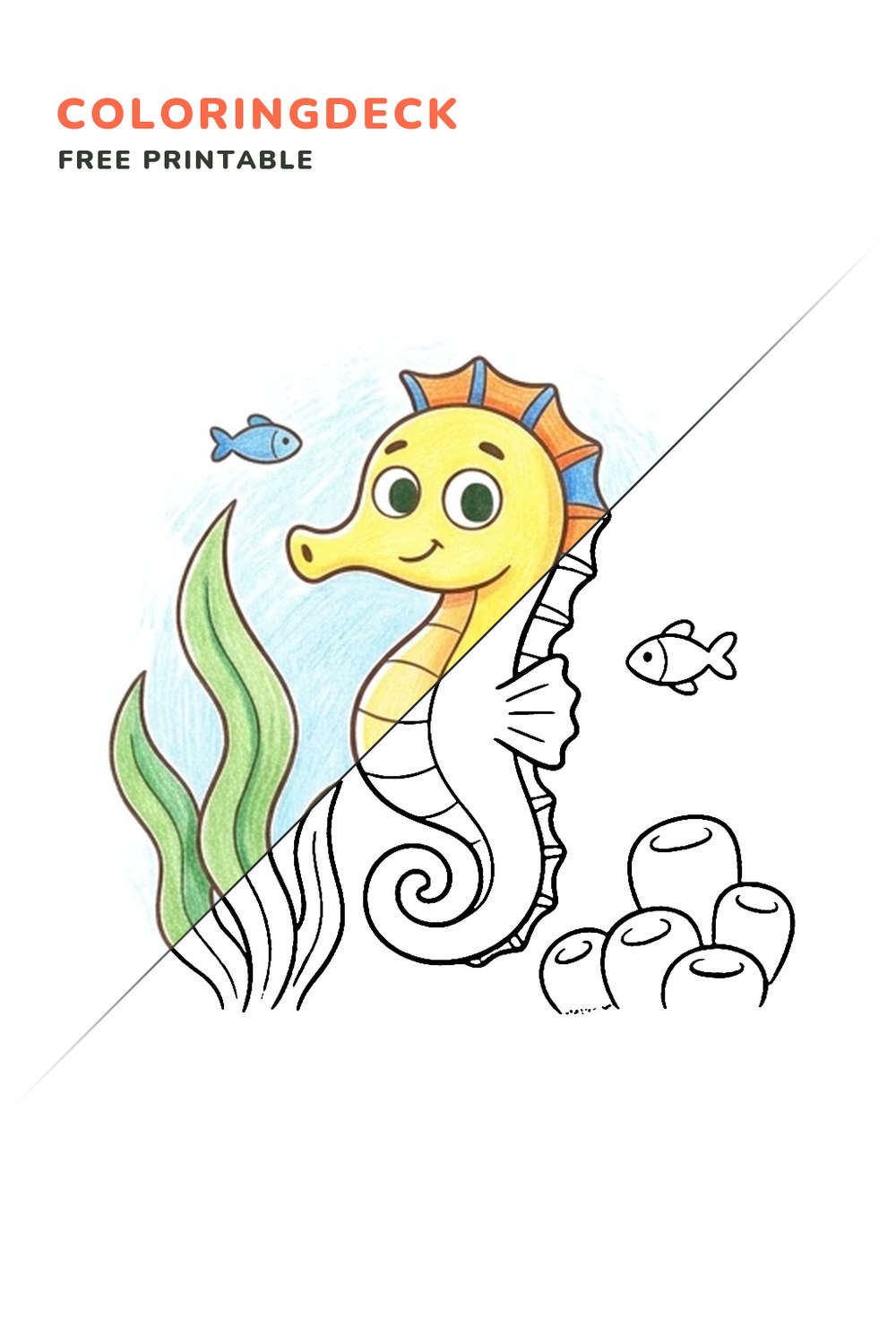 Seahorse Sea Garden coloring page, free printable: half colored, half outline