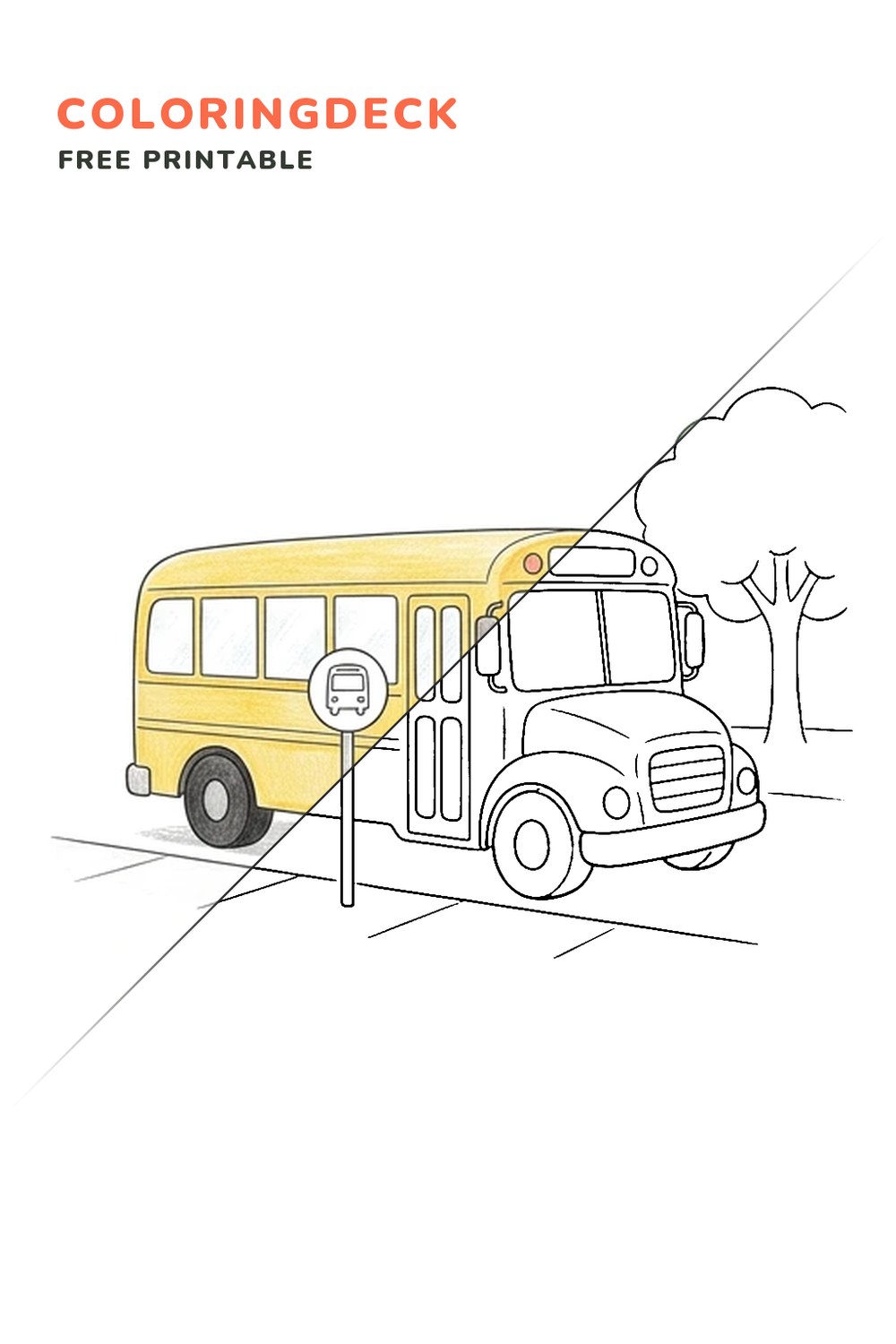 School Bus Stop coloring page, free printable: half colored, half outline