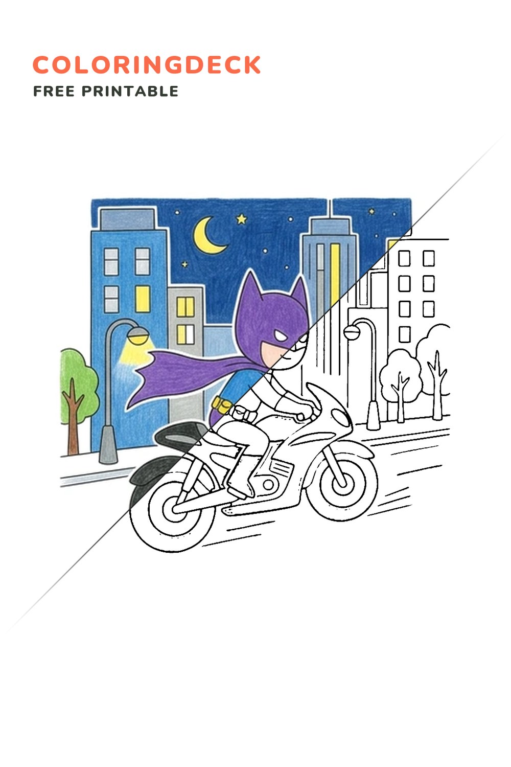 Night Hero Motorbike coloring page, free printable: half colored, half outline