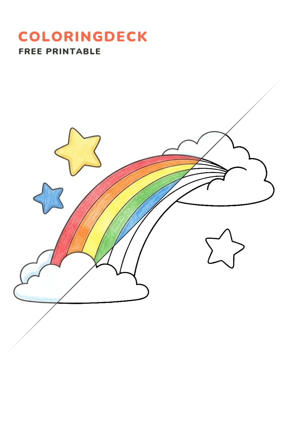 Rainbow Star Bridge coloring page, free printable: half colored, half outline