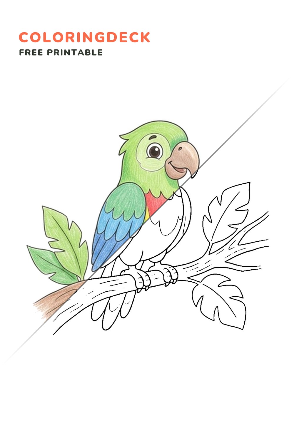 Parrot Jungle Branch coloring page, free printable: half colored, half outline