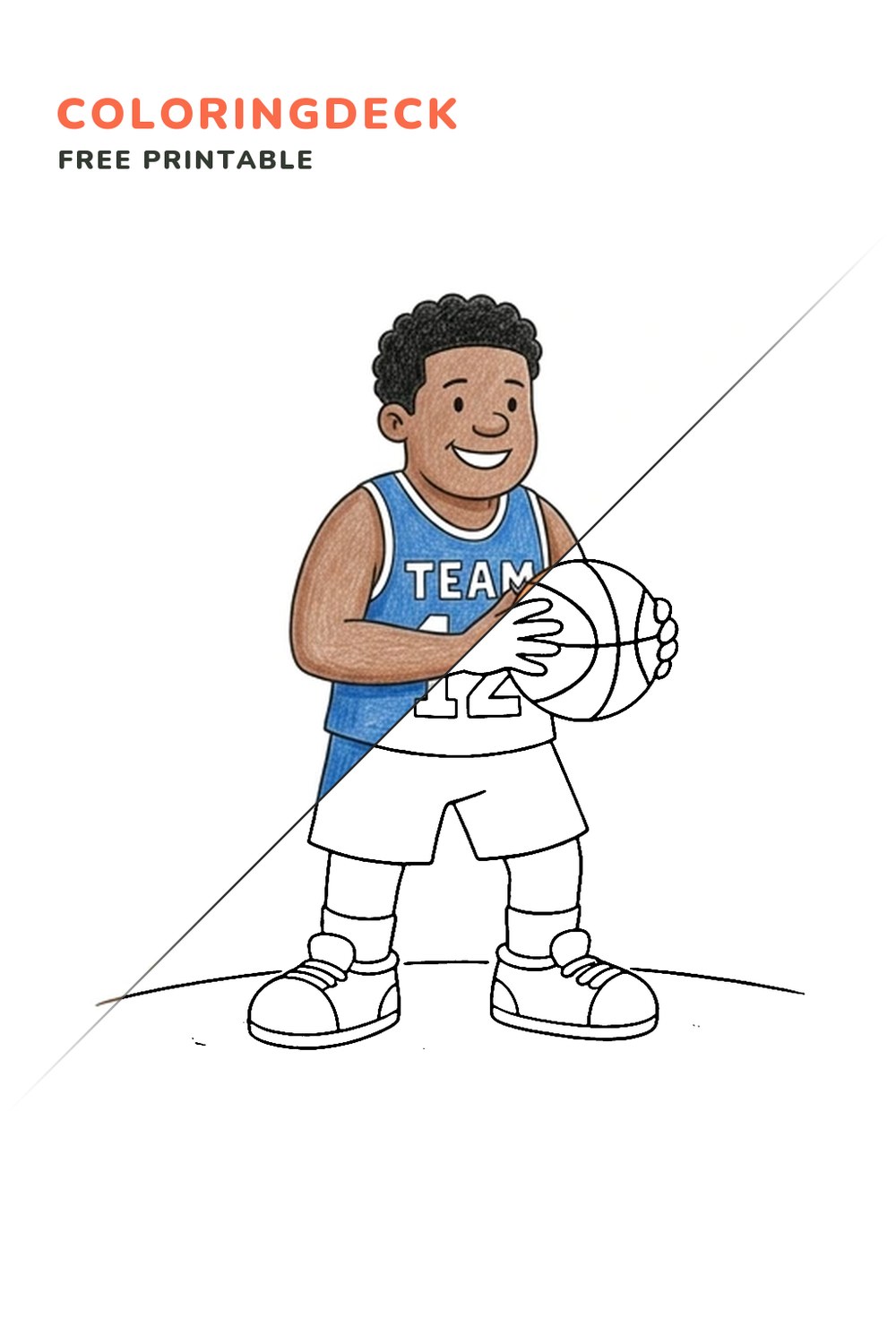 Basketball Pass coloring page, free printable: half colored, half outline