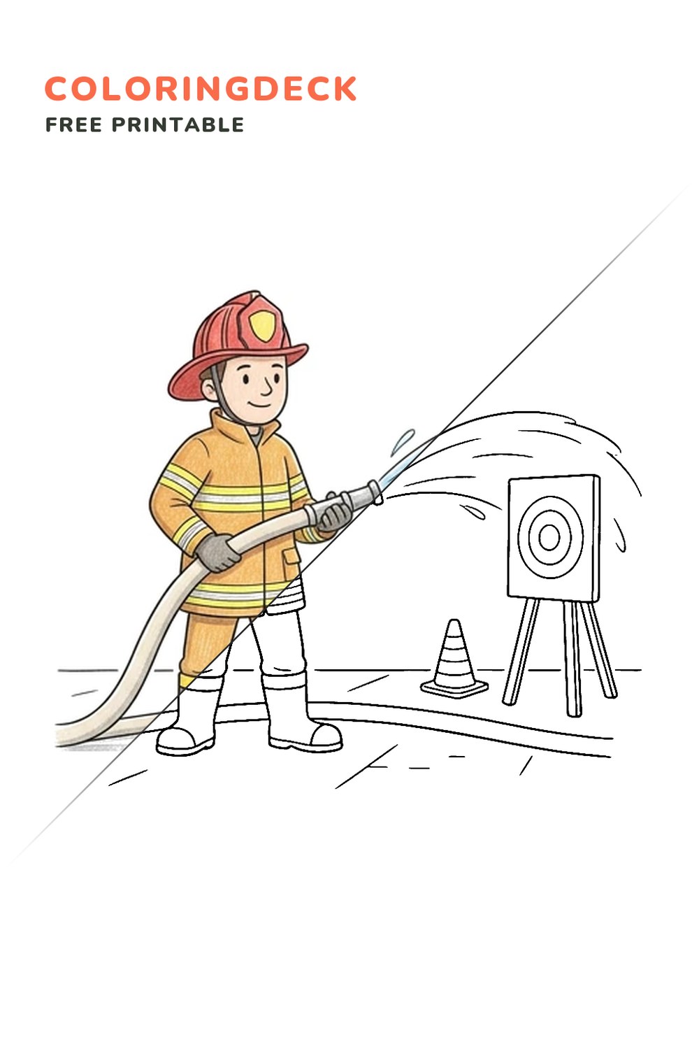 Firefighter Hose Training coloring page, free printable: half colored, half outline