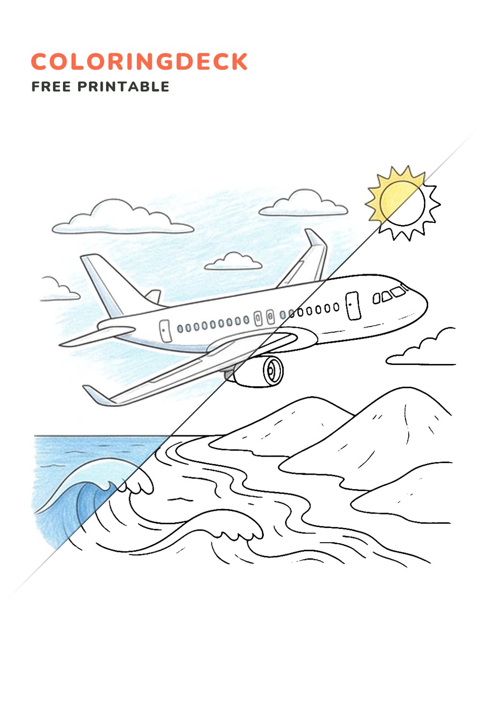Jet Over Coast coloring page, free printable: half colored, half outline