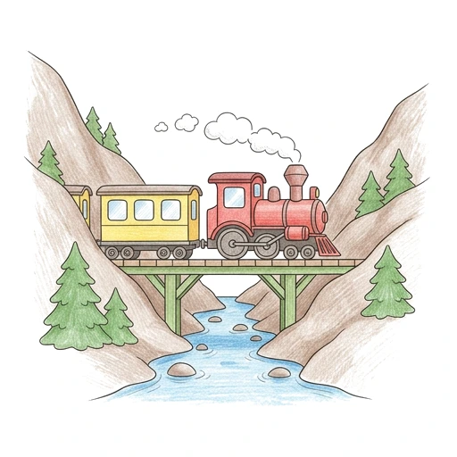 Mountain Train Crossing, colored example
