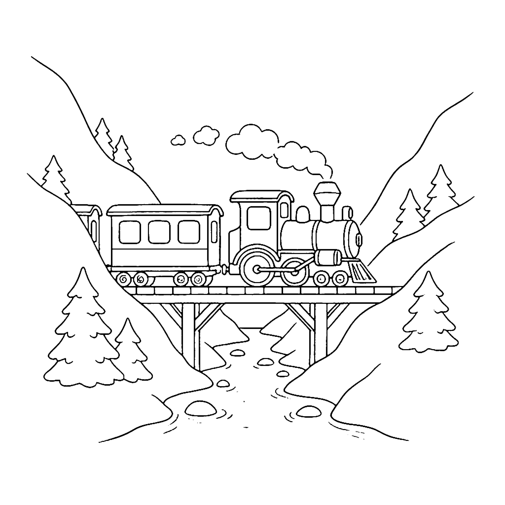 Mountain Train Crossing coloring page outline