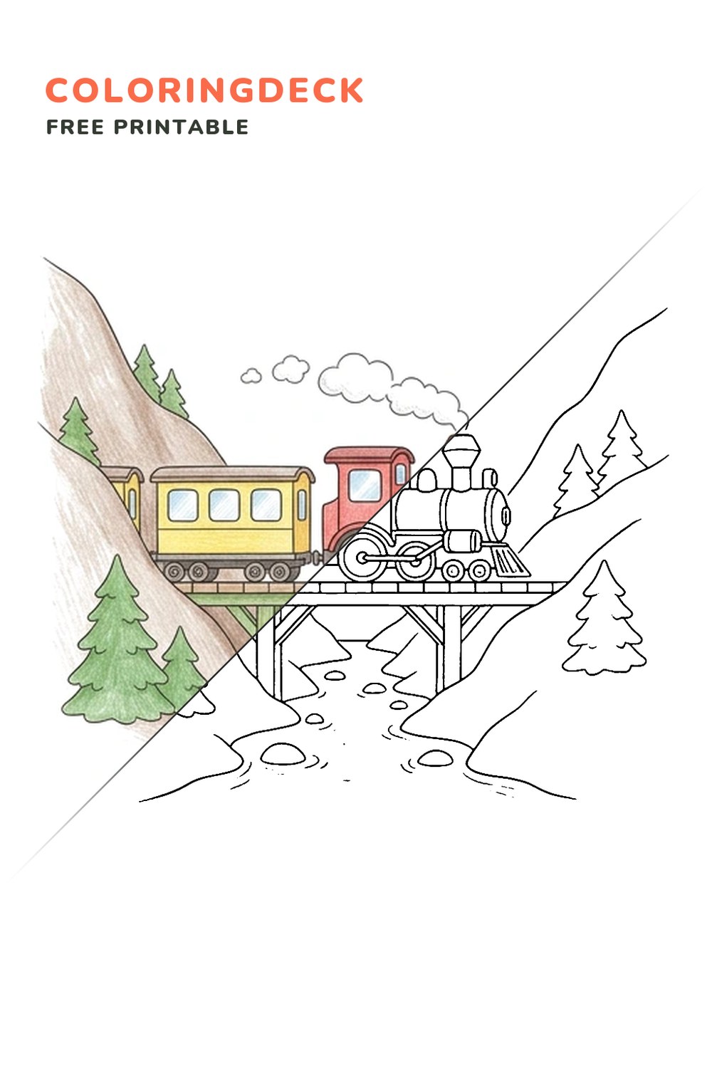 Mountain Train Crossing coloring page, free printable: half colored, half outline
