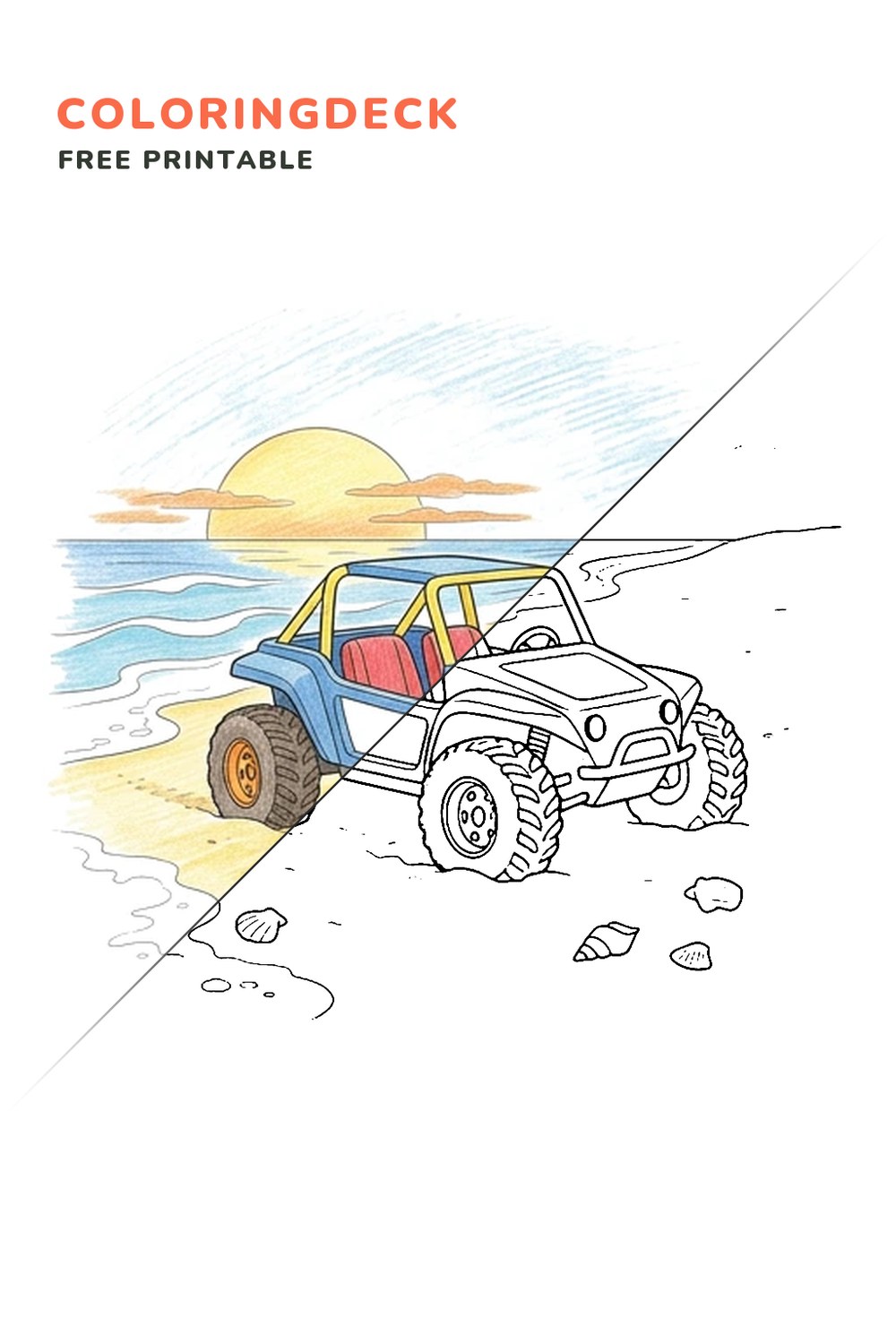 Beach Buggy Shore coloring page, free printable: half colored, half outline