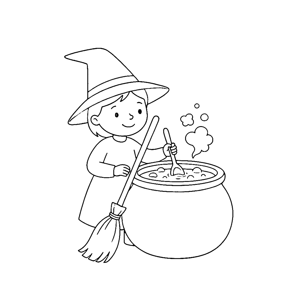 Witch coloring page: Witch Stirring Cauldron, outline to print