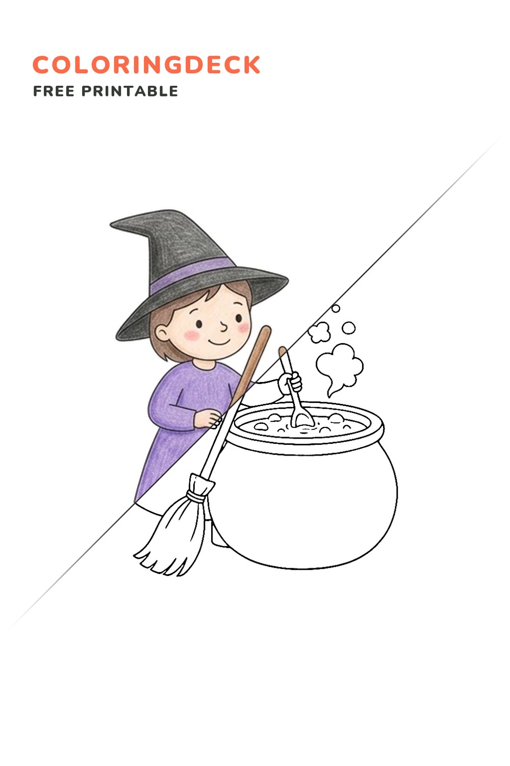 Witch Stirring Cauldron coloring page, free printable: half colored, half outline