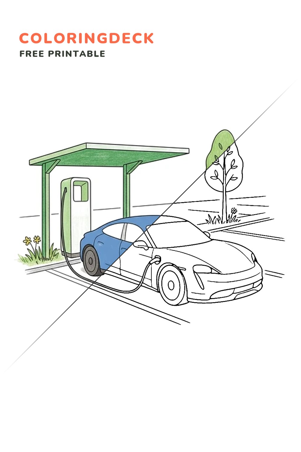Porsche Charging Pause coloring page, free printable: half colored, half outline