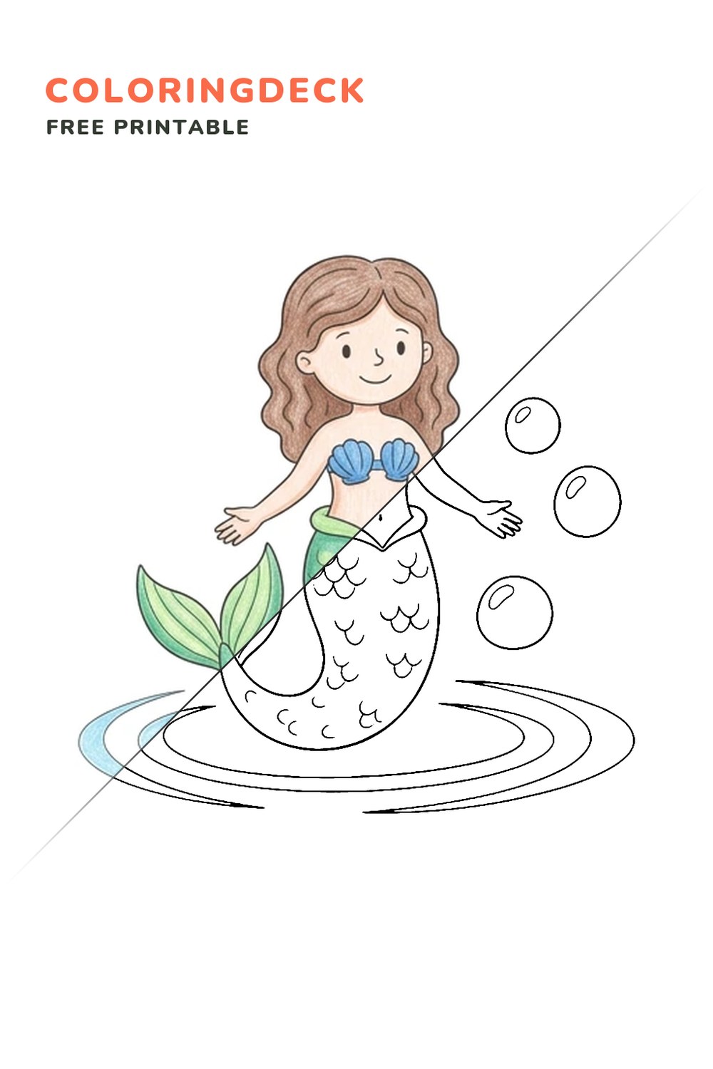 Mermaid Lagoon Float coloring page, free printable: half colored, half outline