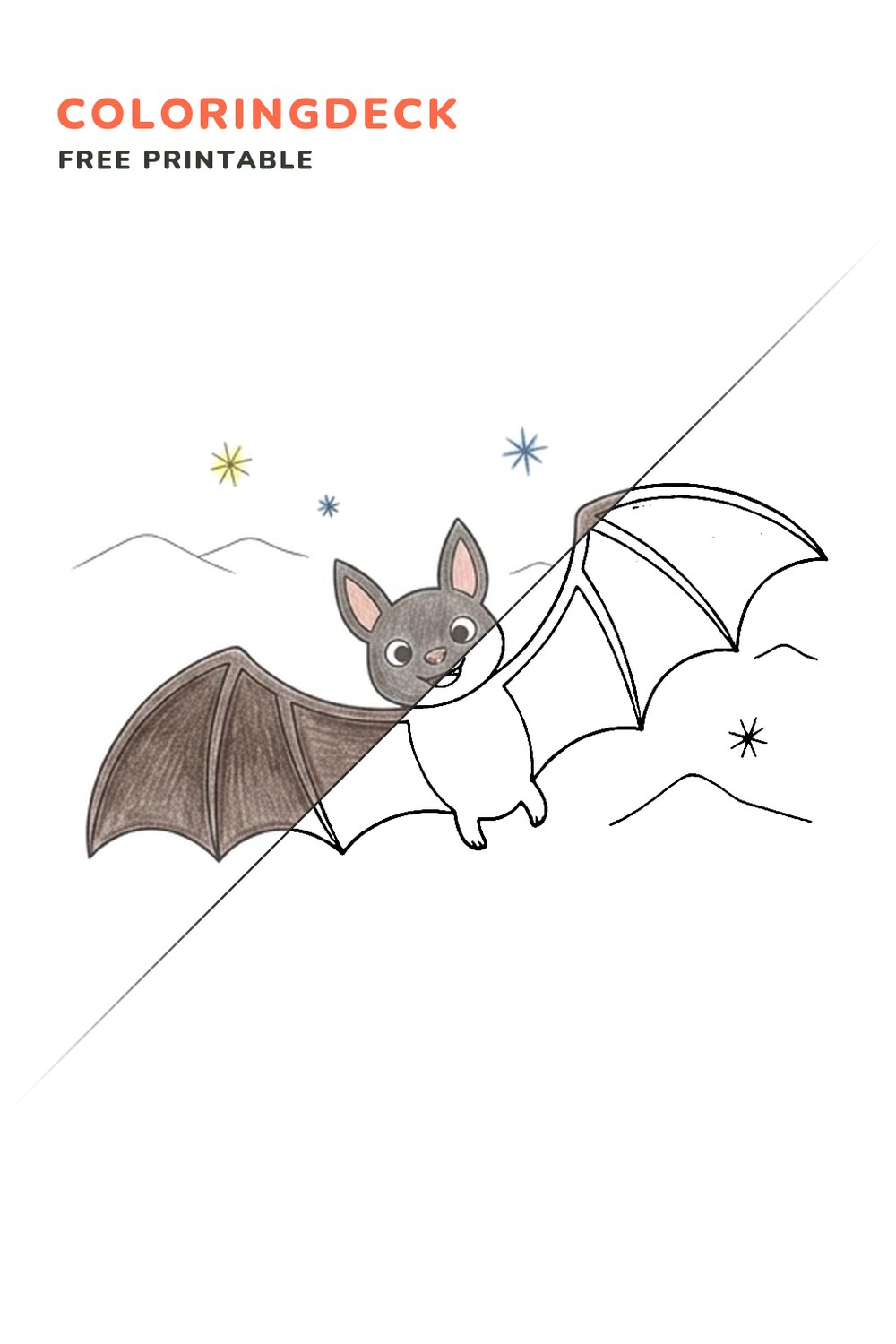 Halloween Bat Flight coloring page, free printable: half colored, half outline