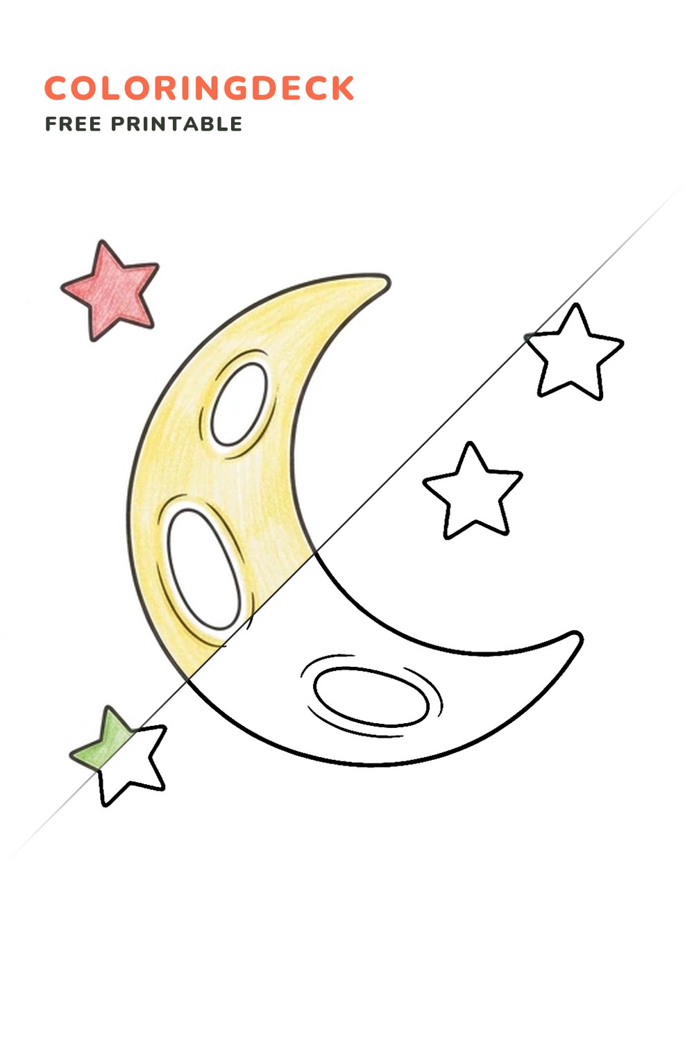 Moon Over Horizon coloring page, free printable: half colored, half outline