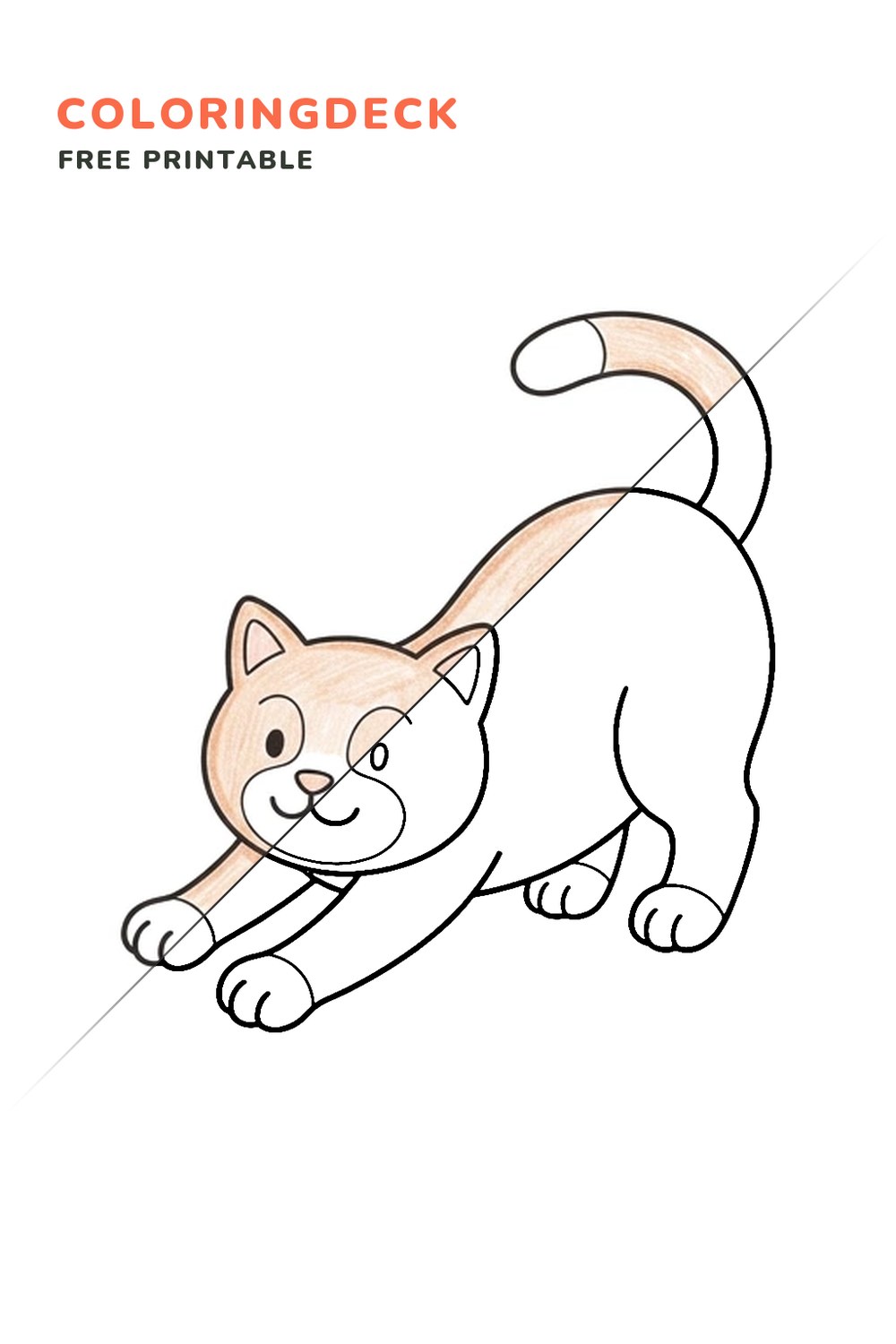 Stretching Cat coloring page, free printable: half colored, half outline