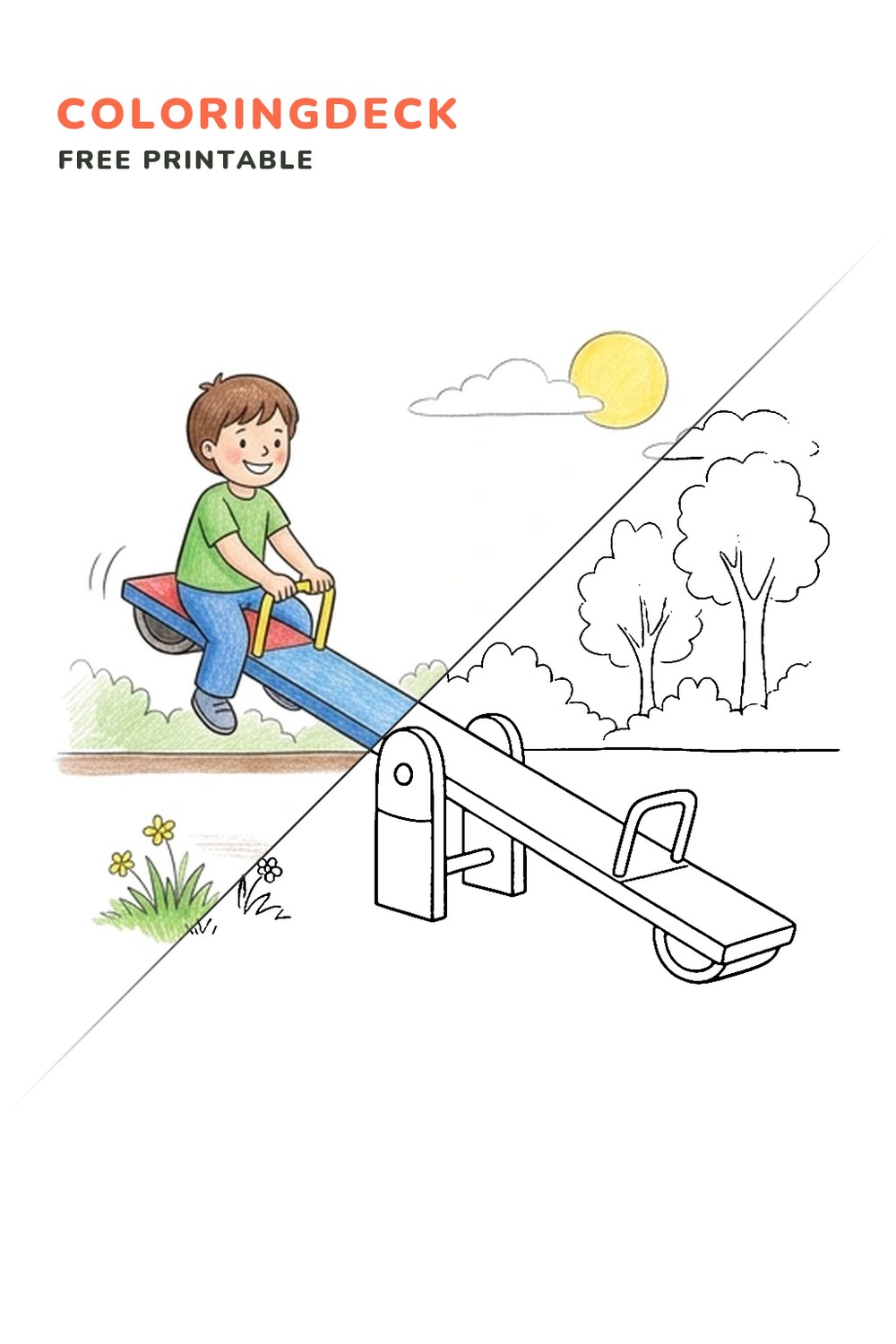 Seesaw Adventure coloring page, free printable: half colored, half outline