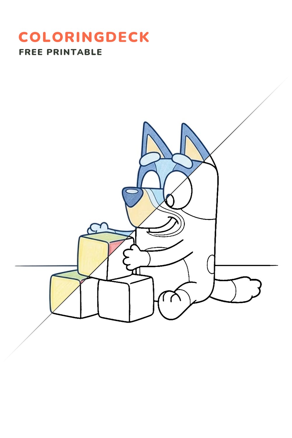 Bluey Building Blocks coloring page, free printable: half colored, half outline