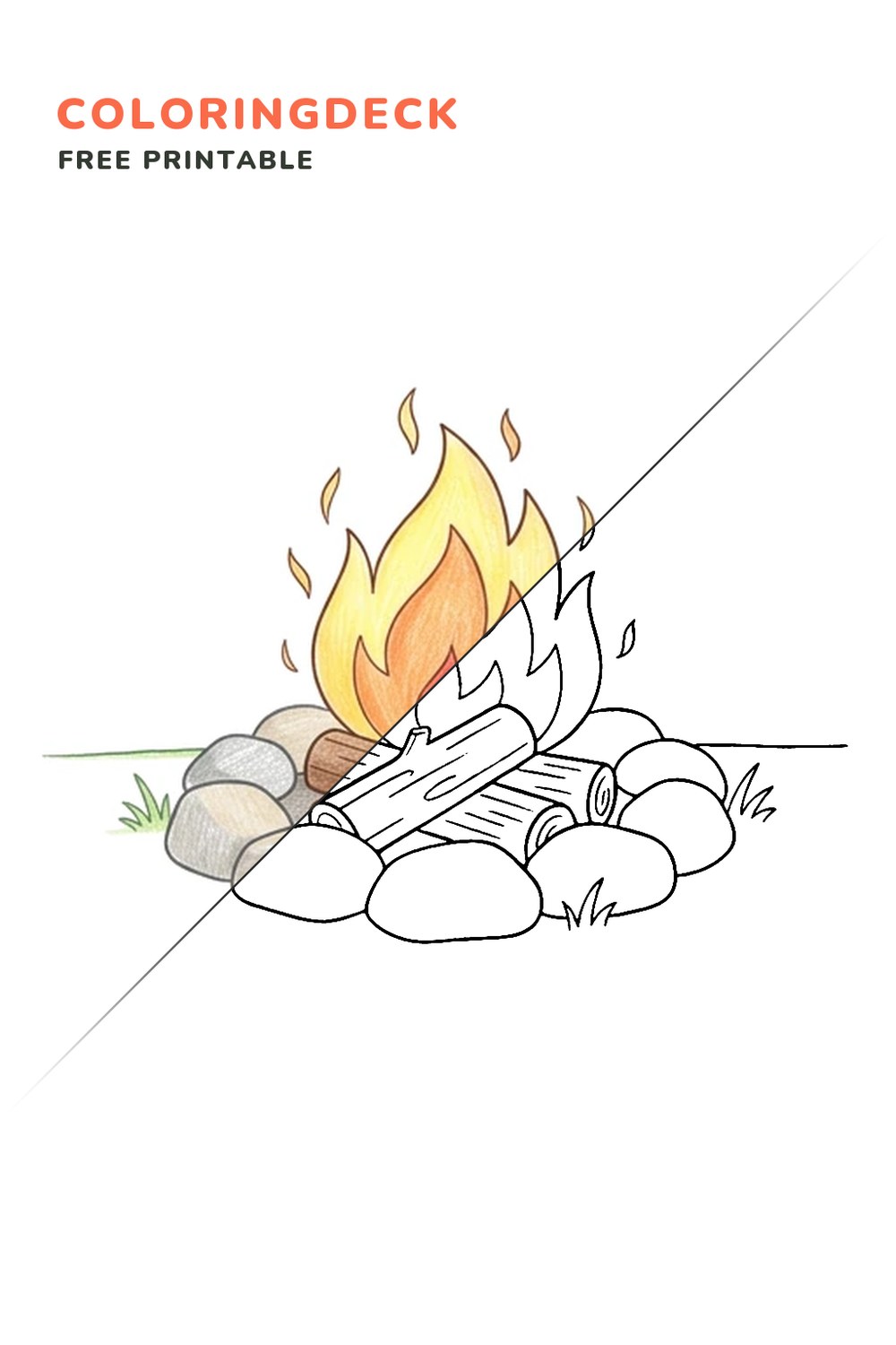 Campfire Stones coloring page, free printable: half colored, half outline