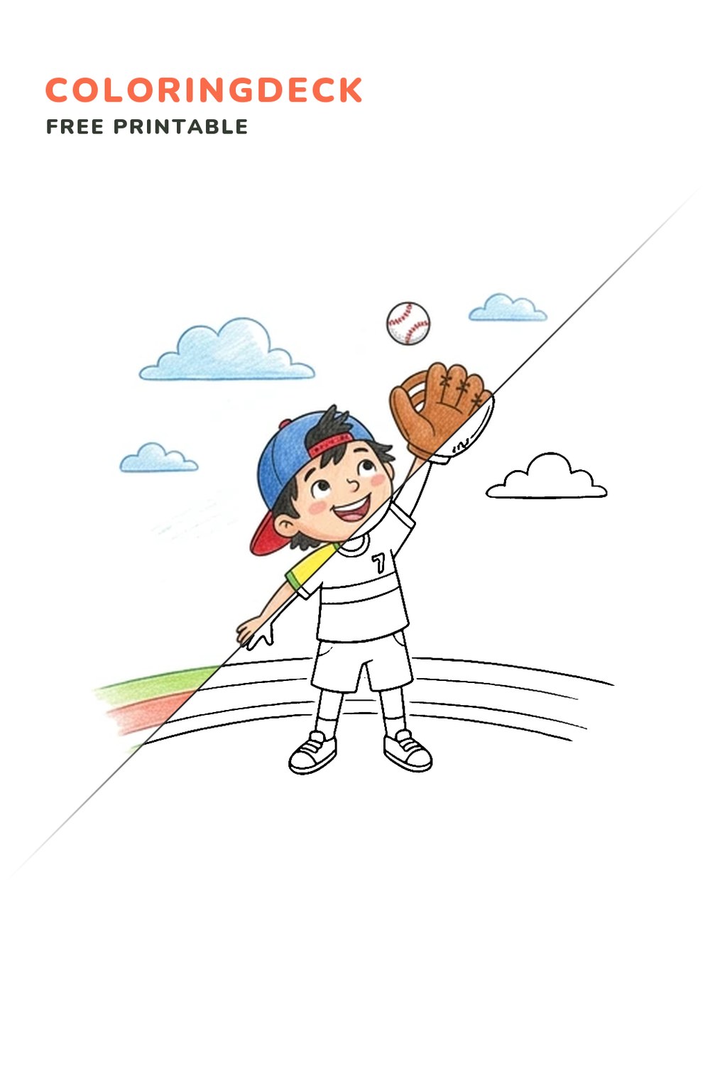 Baseball Catch coloring page, free printable: half colored, half outline