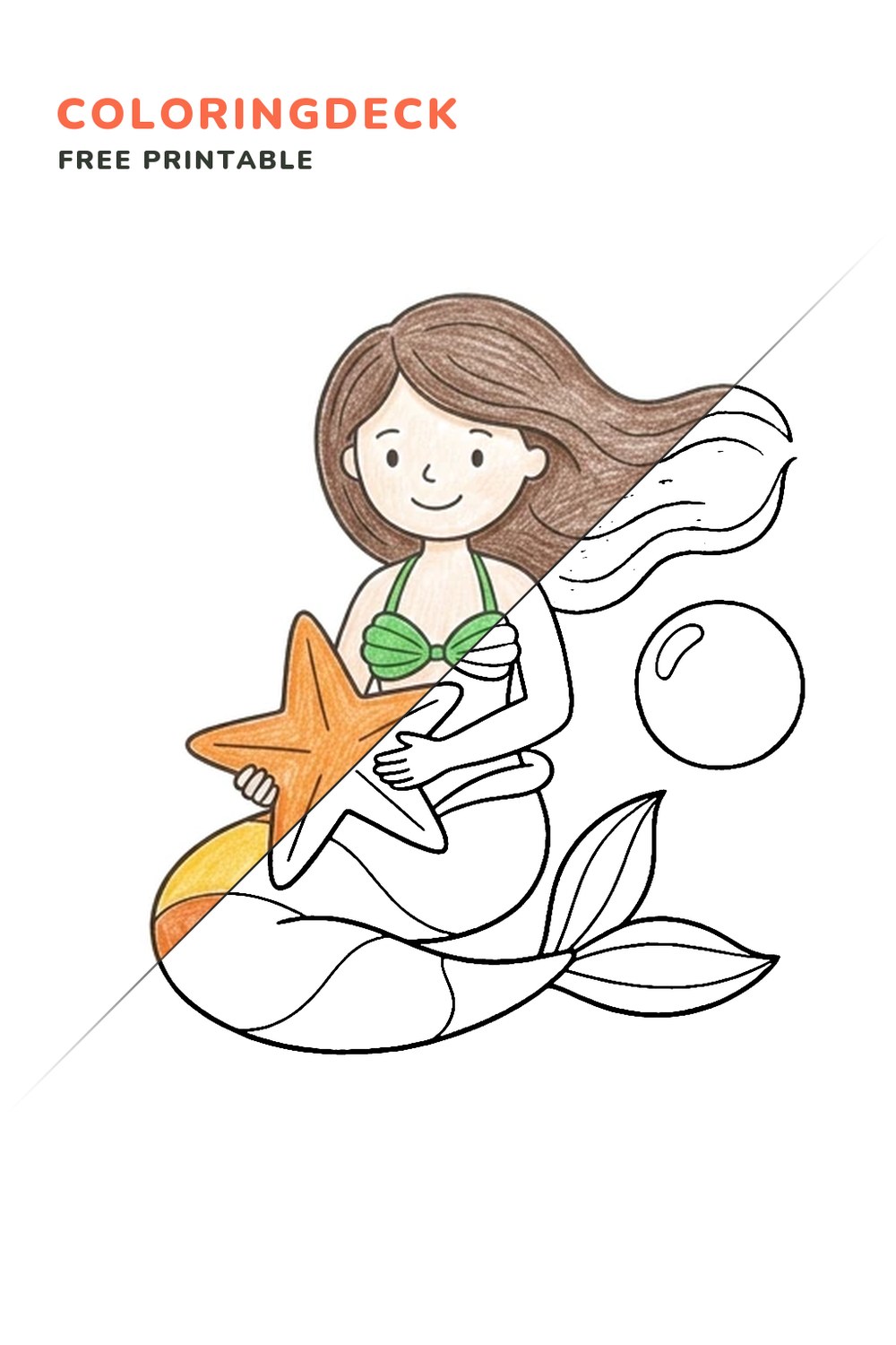 Mermaid Star Hold coloring page, free printable: half colored, half outline